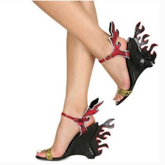 Wedge Sandals with Flame Accent in Black Snake - Picture 3 of 7